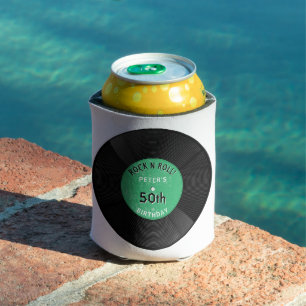 Retro Vinyl Record Rock N Roll Green Birthday Can Cooler