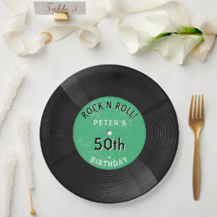 Retro Vinyl Record Rock N Roll Green Birthday Paper Plate