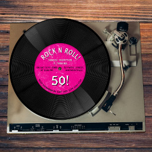 Retro Vinyl Record Rock N Roll Pink Birthday Invitation