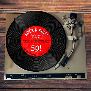 Retro Vinyl Record Rock N Roll Red Birthday Invitation