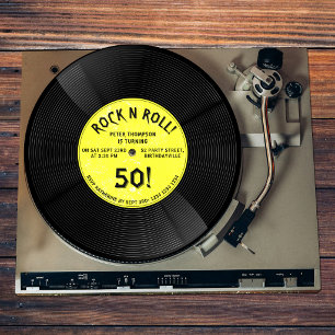Retro Vinyl Record Rock N Roll Yellow Birthday Invitation