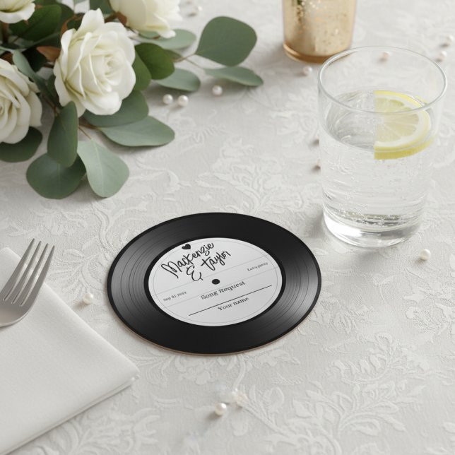 Retro Vinyl Record Song Request Round Paper Coaster (Retro Vinyl Record Song Request Round Paper Coaster by Ricaso.  song requests at wedding reception)
