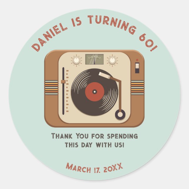 Retro Vinyl Record Thank You Round Stickers (Front)