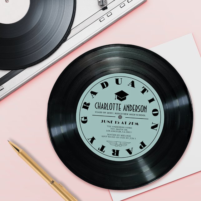 Retro Vinyl Record Turquoise Graduation Invitation (Creator Uploaded)