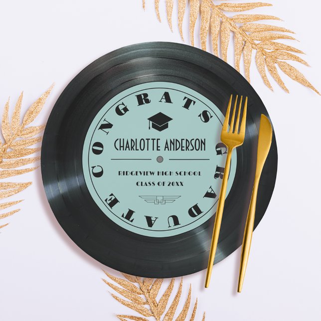 Retro Vinyl Record Turquoise Graduation Paper Plate (Creator Uploaded)