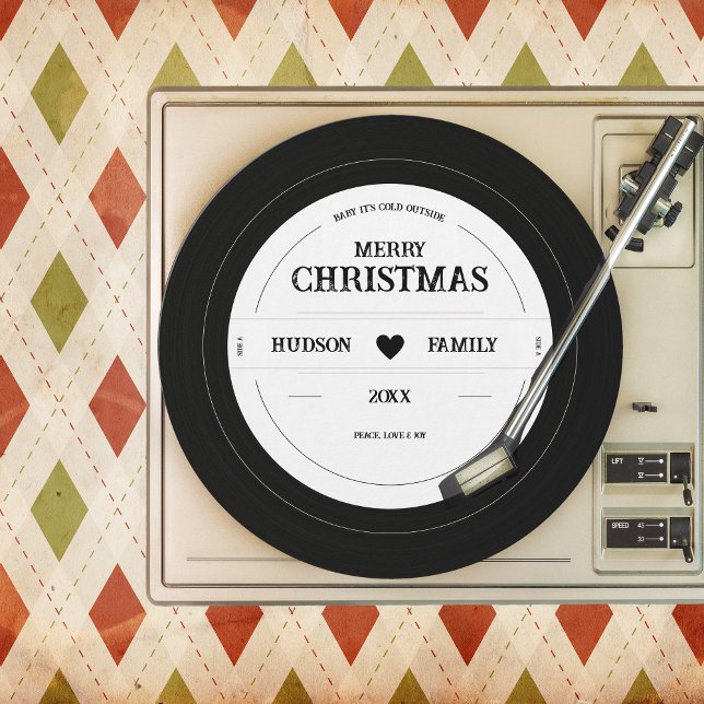 Retro Vinyl Record Unique Christmas  Holiday Card (Unique Vinyl Record Retro Christmas Card - no photo, simple black & white, funny, whimsical)