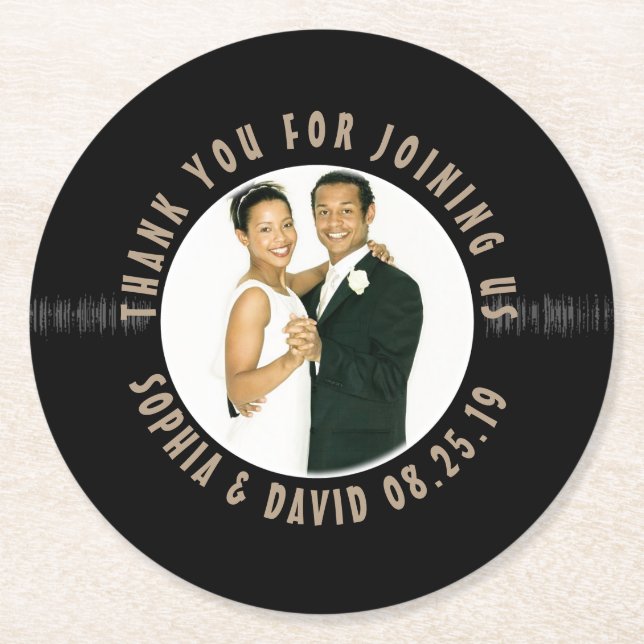 Retro Vinyl Record Wedding Favour Photo Thank You Round Paper Coaster (Front)