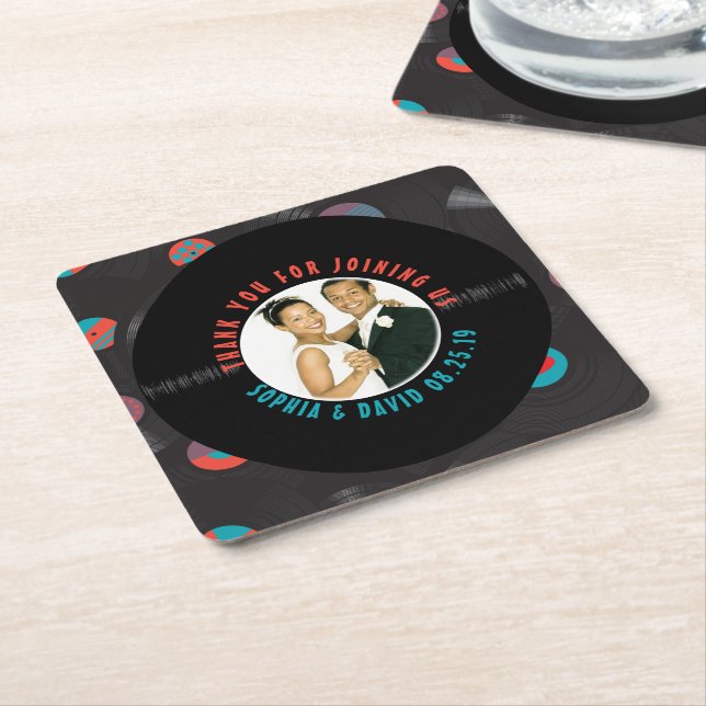 Retro Vinyl Record Wedding Favour Photo Thank You Square Paper Coaster (Angled)