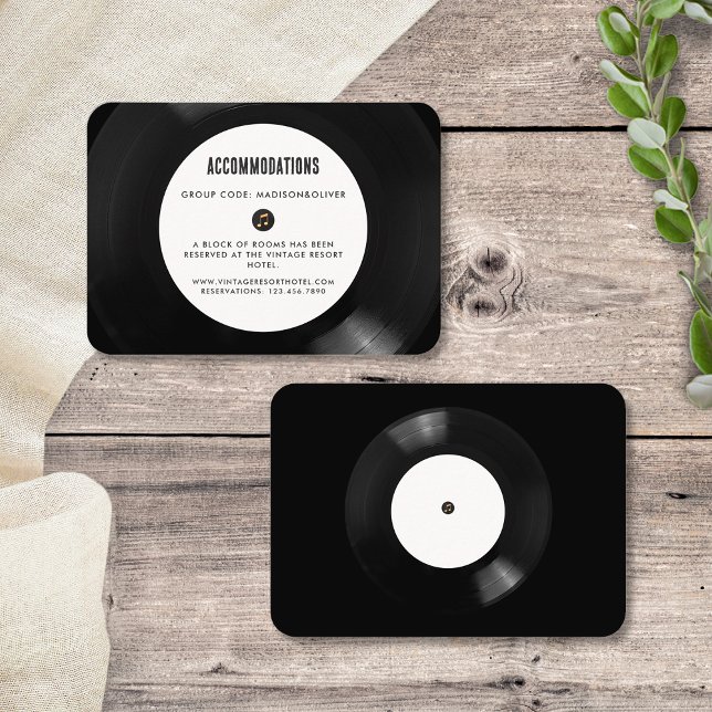 Retro Vinyl Record Wedding Hotel Accommodation Enclosure Card (Front/Back)