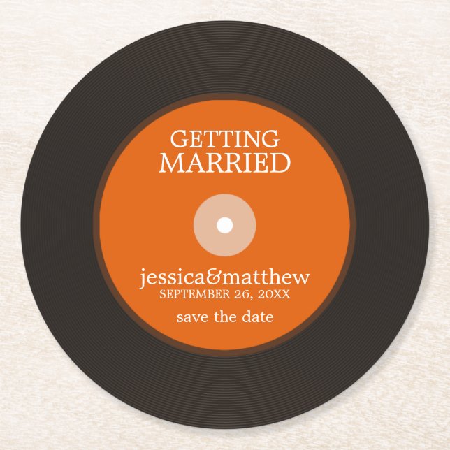 Retro Vinyl Record Wedding Save the Date Wedding Round Paper Coaster (Front)