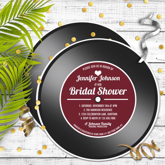 Retro Vinyl Record Wine Red Bridal Shower  Invitation (Creator Uploaded)