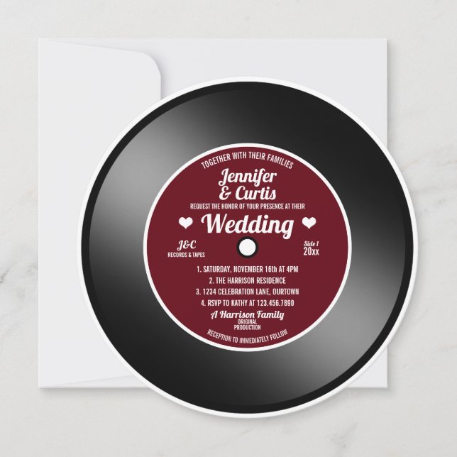 Retro Vinyl Record Wine Red Wedding Invitation (Front)