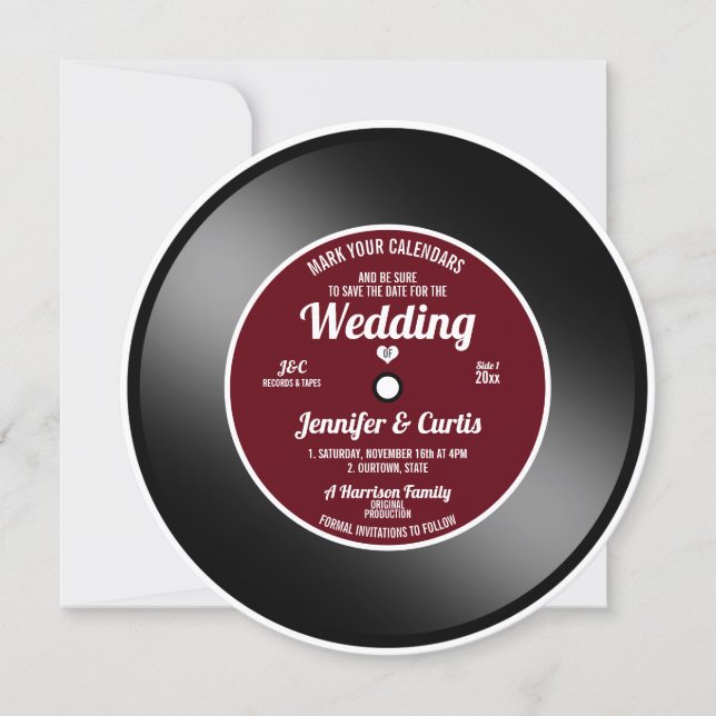 Retro Vinyl Record Wine Red Wedding Save the Date  Invitation (Front)