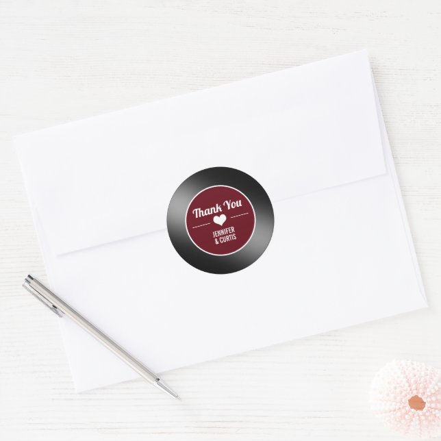 Retro Vinyl Record Wine Red Wedding Thank You  Classic Round Sticker (Envelope)