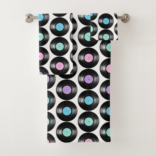 Retro Vinyl Records Colourful Pattern Design Bath Towel Set (Insitu)