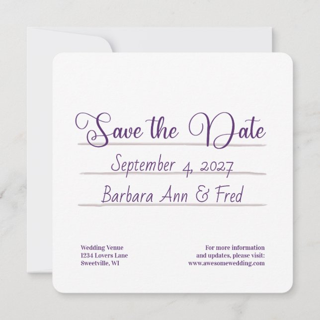 Retro Violet Vibes Cassette Tape, Square Save The Date (Back)