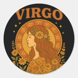 Retro Virgo Zodiac Boho Floral Astrology Classic Round Sticker