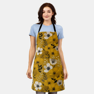 Retro Warm Tone Flower Mustard Floral Pattern Apron