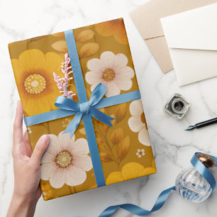 Retro Warm Tone Flower Mustard Floral Pattern Wrapping Paper