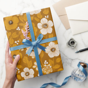 Retro Warm Tone Flower Mustard Floral Pattern Wrapping Paper