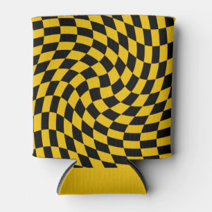 Retro Warped Black Yellow Checks Chequered Can Cooler
