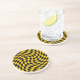 Retro Warped Black Yellow Checks Chequered  Coaster