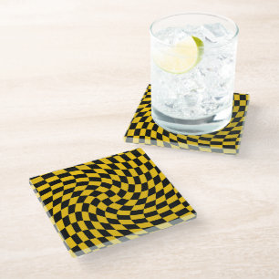 Retro Warped Black Yellow Checks Chequered Glass Coaster