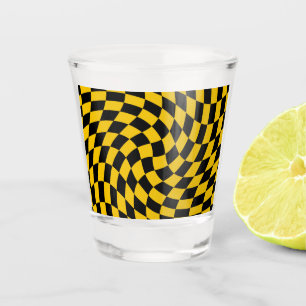 Retro Warped Black Yellow Checks Chequered Shot Glass