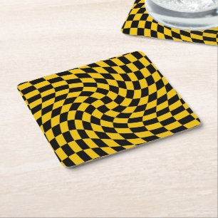 Retro Warped Black Yellow Checks Chequered  Square Paper Coaster