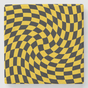 Retro Warped Black Yellow Checks Chequered  Stone Coaster