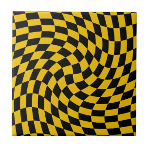 Retro Warped Black Yellow Checks Chequered  Tile