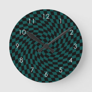 Retro Warped Green Black Checks Chequered Round Clock