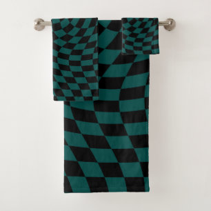 Retro Warped Jungle Green Black Checks Chequered  Bath Towel Set
