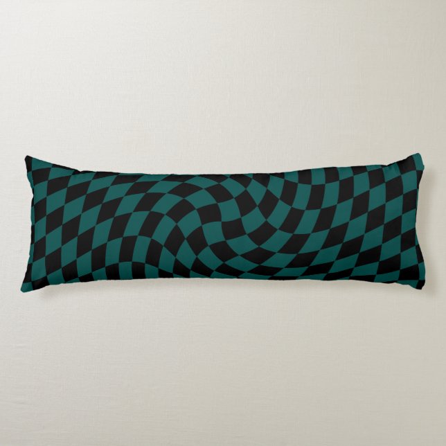 Retro Warped Jungle Green Black Checks Chequered  Body Cushion (Front)