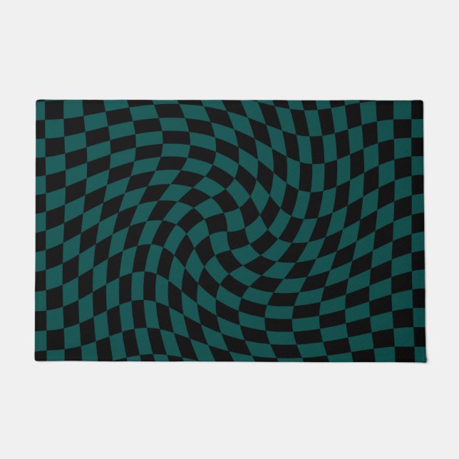 Retro Warped Jungle Green Black Checks Chequered   Doormat (Front)