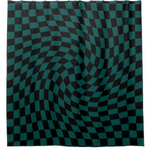 Retro Warped Jungle Green Black Checks Chequered   Shower Curtain