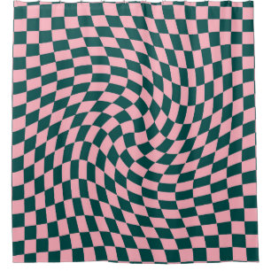 Retro Warped Jungle Green Pink Checks Chequered   Shower Curtain