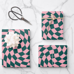 Retro Warped Jungle Green Pink Checks Chequered Wrapping Paper Sheet