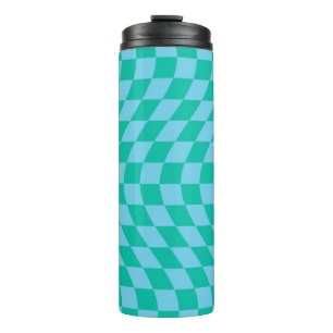 Retro Warped Pastel Blue Checks Chequered Thermal Tumbler