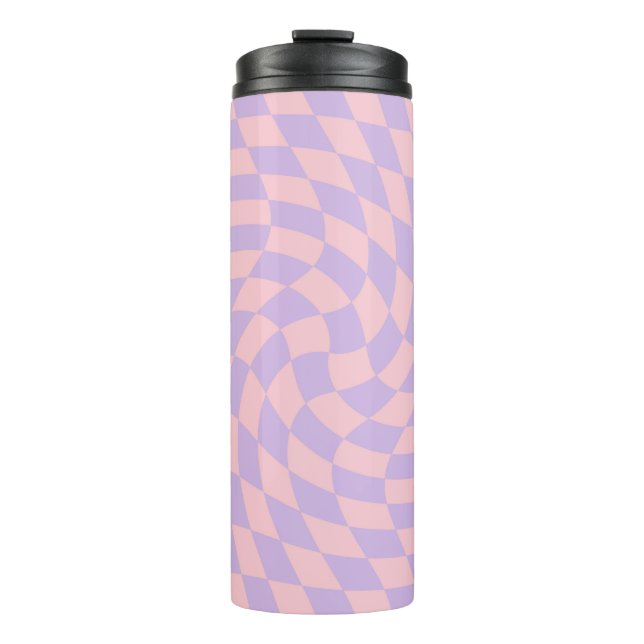 Retro Warped Pastel Lilac Pink Checks Chequered  Thermal Tumbler (Front)
