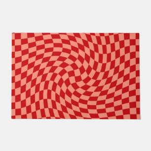 Retro Warped Red Peach Checks Chequered Dorm  Doormat