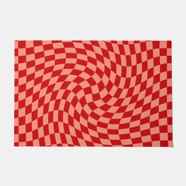 Retro Warped Red Peach Checks Chequered Dorm  Doormat (Front)