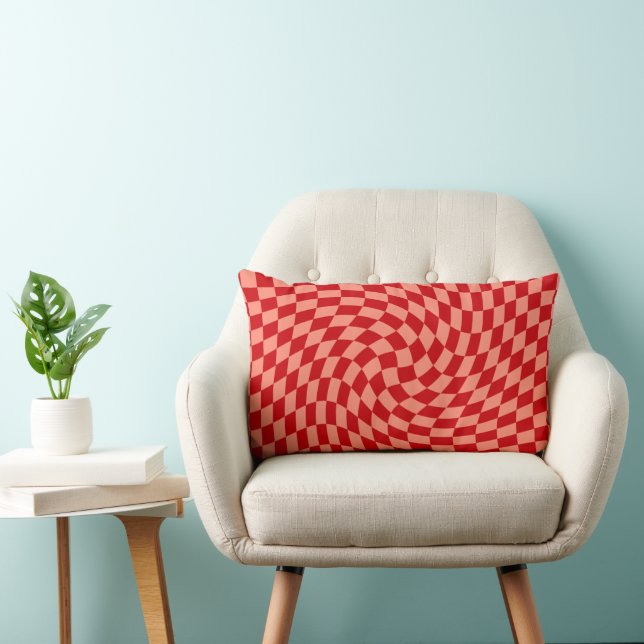 Retro Warped Red Peach Checks Chequered Dorm Lumbar Cushion (Chair)