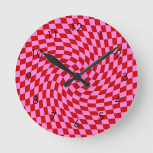 Retro Warped Red Pink Checks Chequered Round Clock