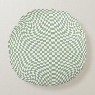 Retro Warped Sage Green White Checks Checkered  Round Cushion