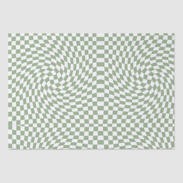 Retro Warped Sage Green White Checks Chequered Tissue Paper (Front)