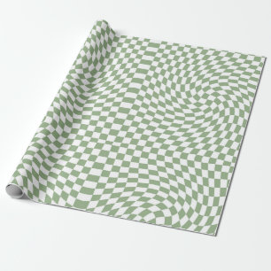 Retro Warped Sage Green White Checks Chequered  Wrapping Paper