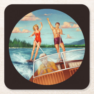 Retro Water Skiing Square Paper Coaster