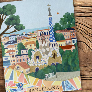 Retro Watercolor Barcelona Spain Travel Jigsaw Puzzle