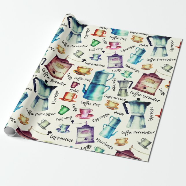 Retro Watercolor Coffee Pots Cups Pattern Wrapping Paper (Unrolled)